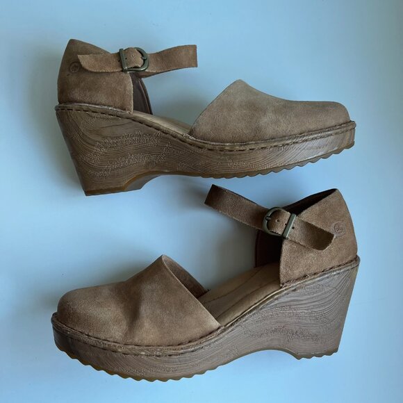 NWOT BORN Nellie Tan Suede Wedge Clogs | Size 8M - Picture 2 of 8